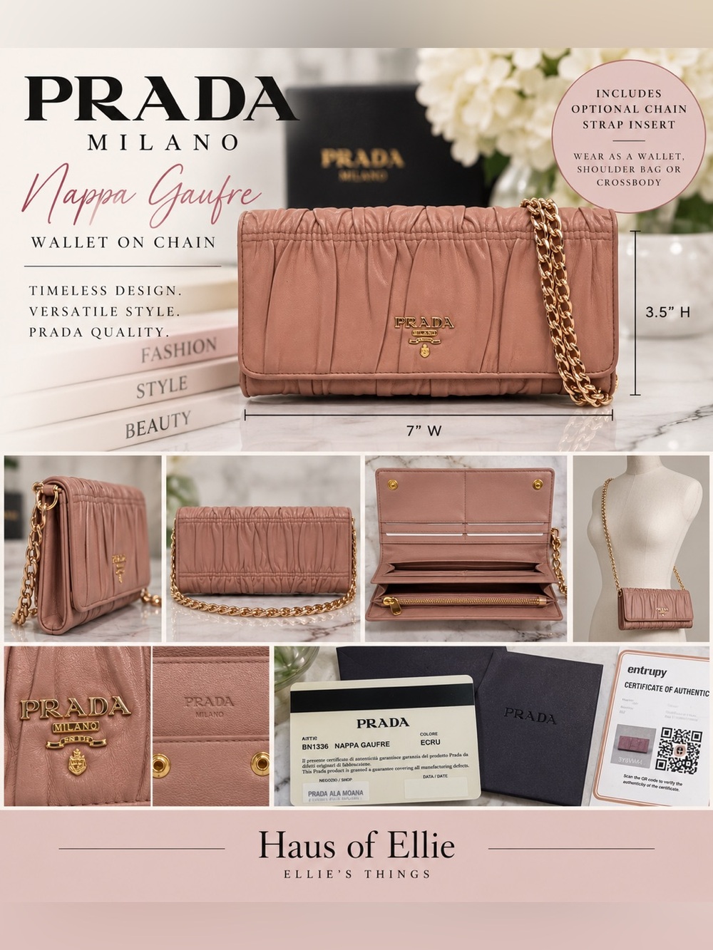 Prada Nappa Gaufre Leather Wallet Crossbody Ecru Pink Authentic